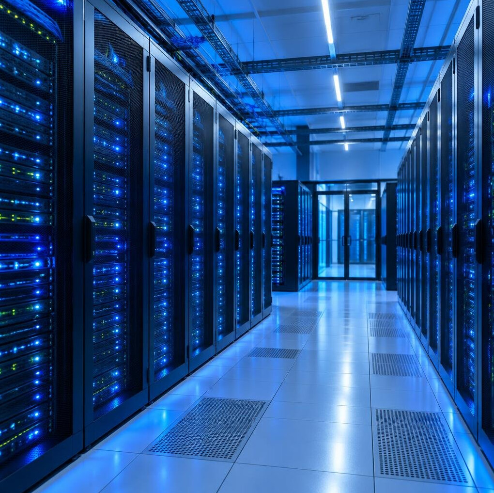 Server room with rows of data racks