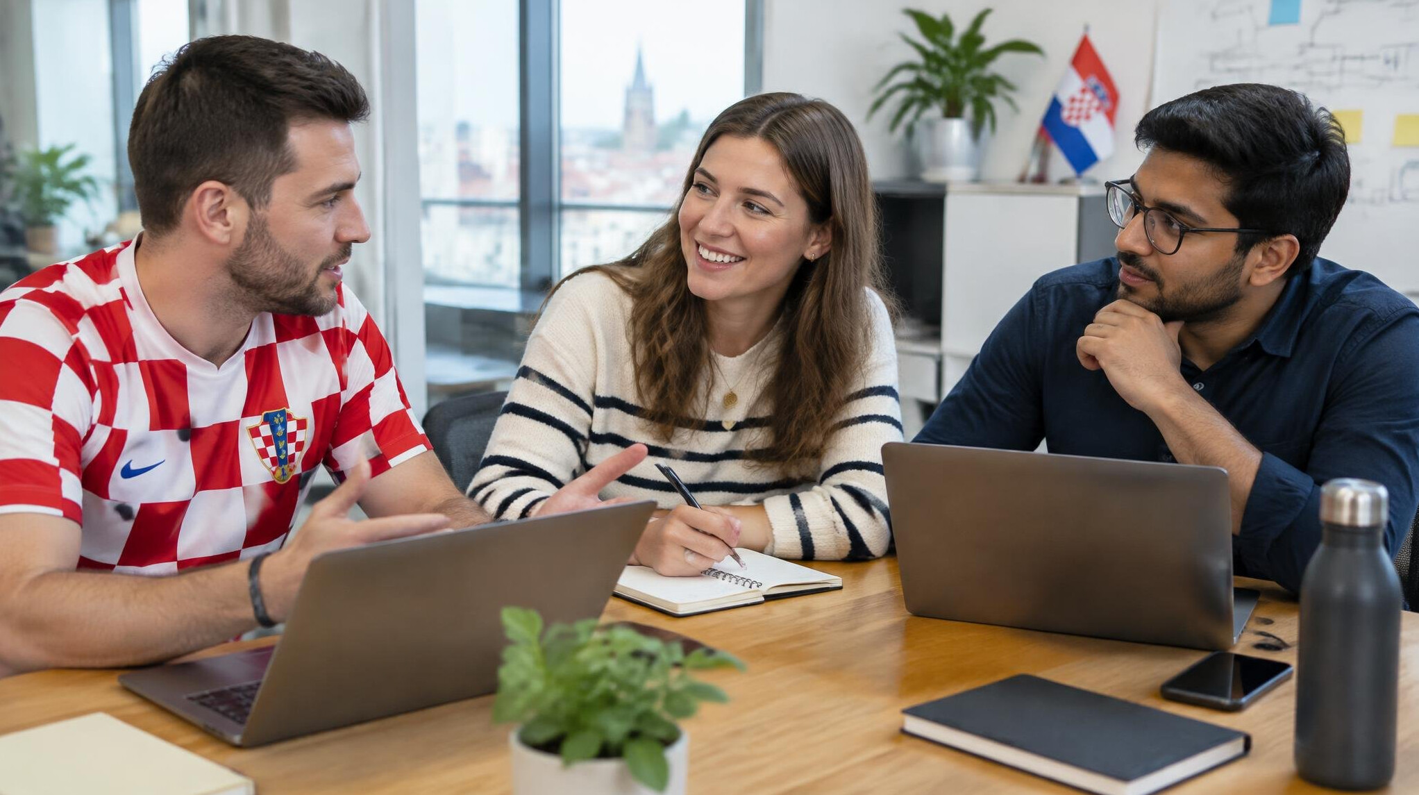 Small team collaborating around a table with laptops