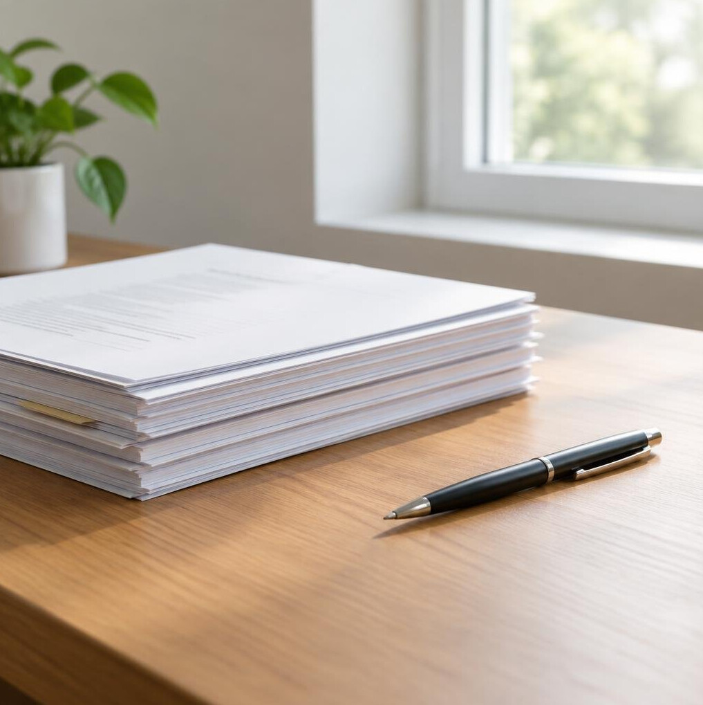 Stack of paper documents and a pen on a desk